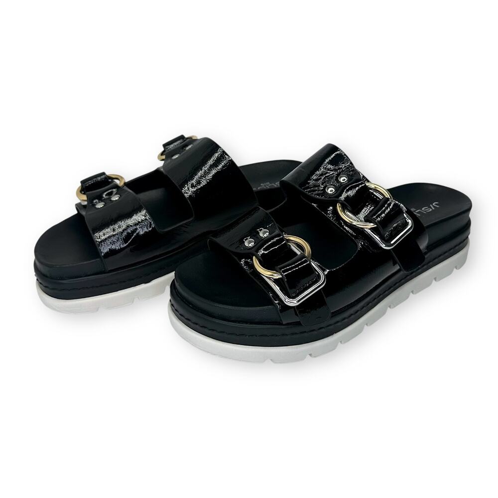 J Slides Baha Leather Double Buckle Slide Sandals US 7.5 Black Patent Platform - Picture 4 of 13